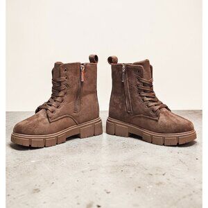 Nude Faux Suede Lace-Up Combat Boots With Side Zipper And Chunky Sole